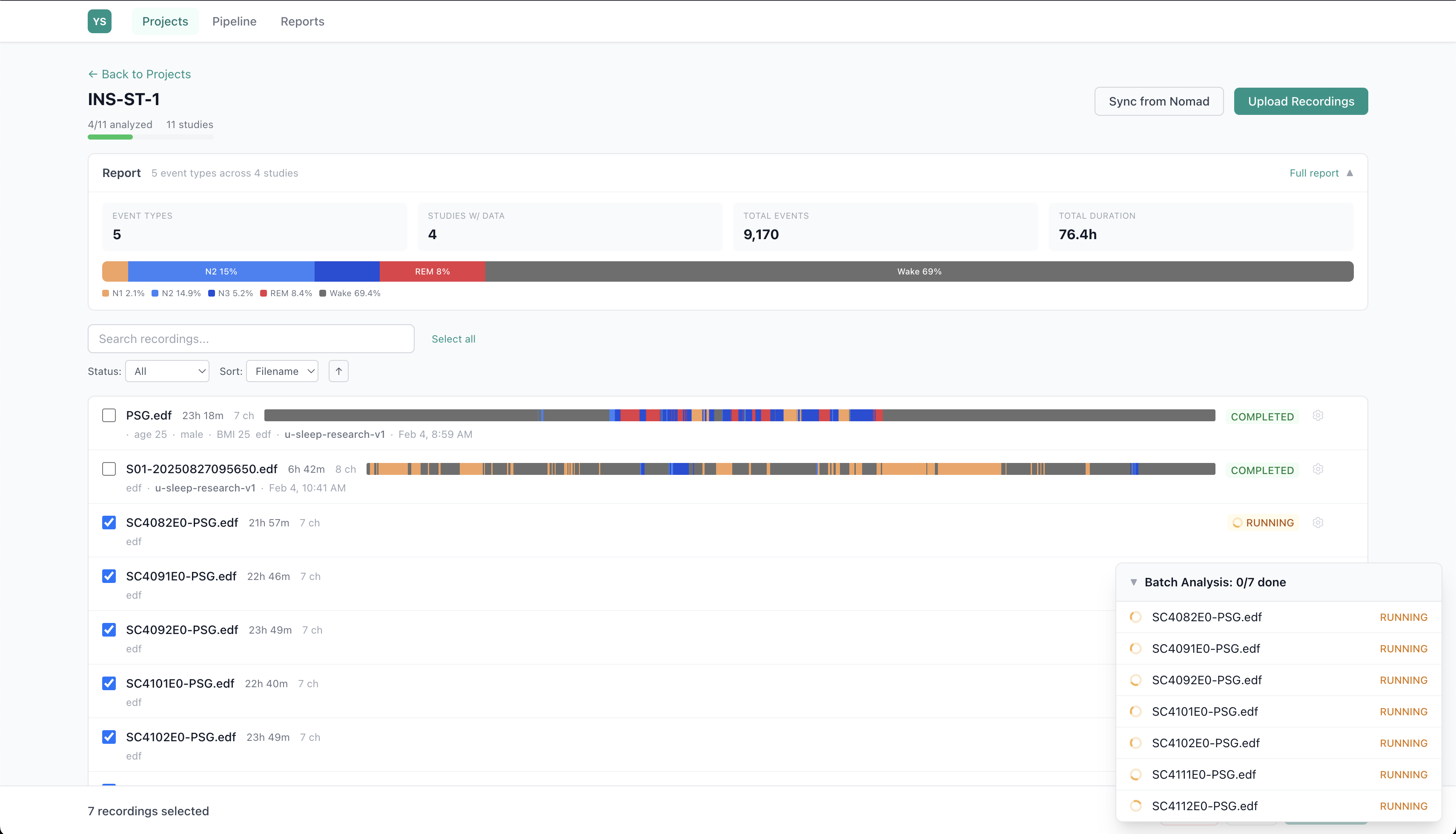Insai platform project dashboard showing batch EEG analysis and recording overview
